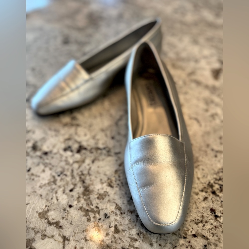 Capezio Silver Leather Slip-On Flats with Rounded Toe